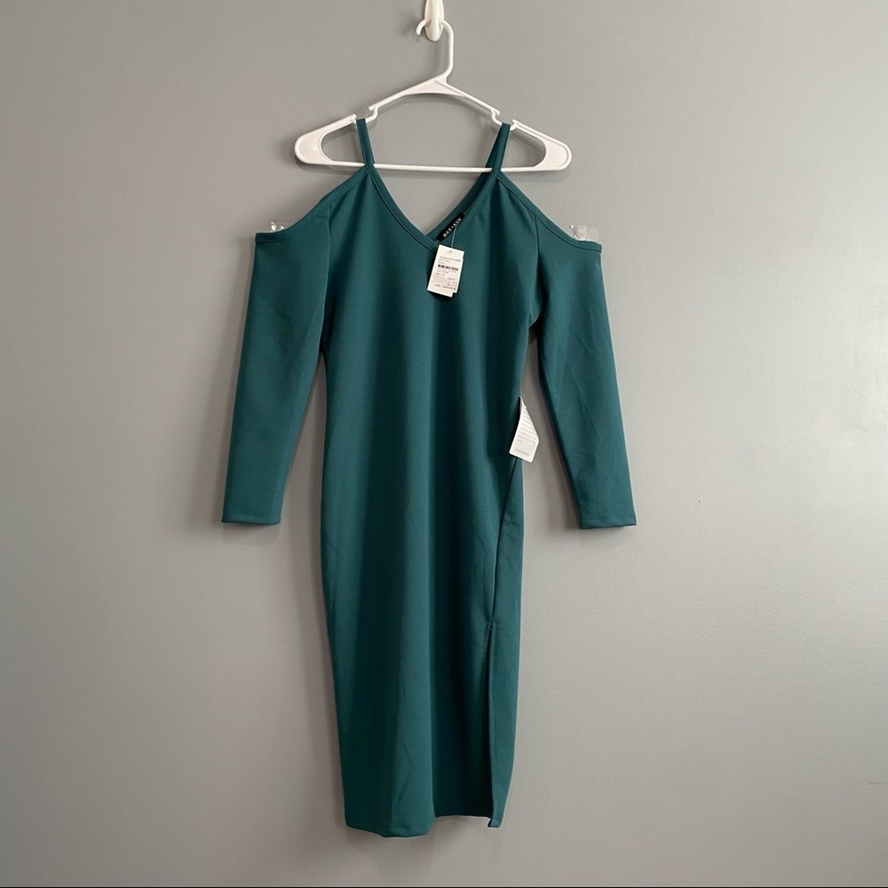 Max+Ash Cold Shoulder Long sleeves Sheath Dress with Slit In Emerald Green Sz M - Picture 8 of 8
